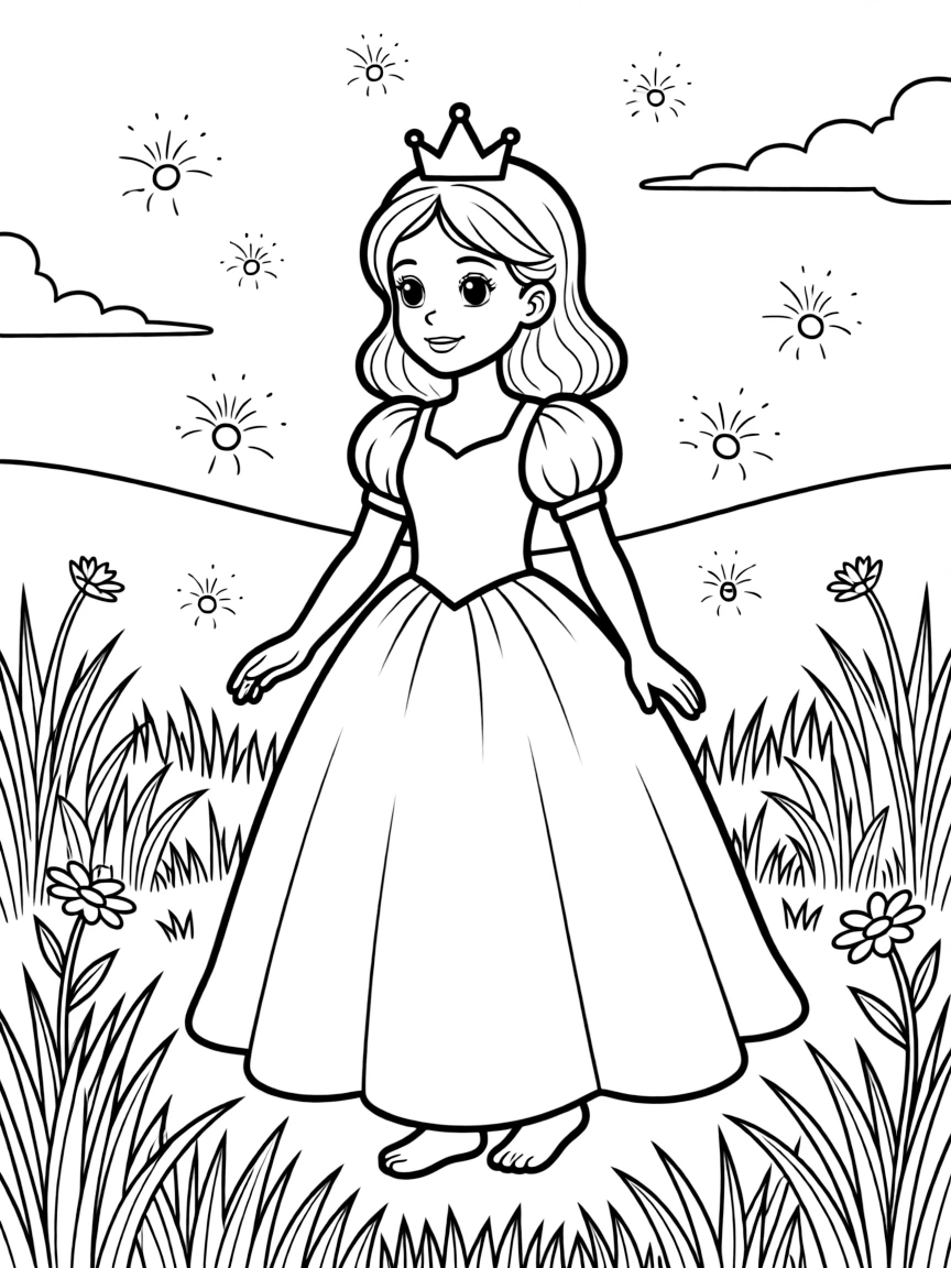 A princess surrounded by tiny, sparkling fireflies in a magical meadow at dusk.