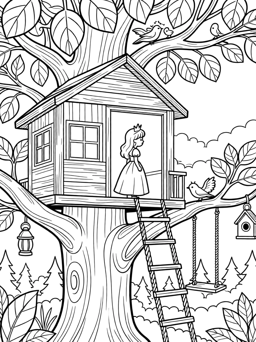 A princess in a whimsical treehouse, looking out at the forest canopy.