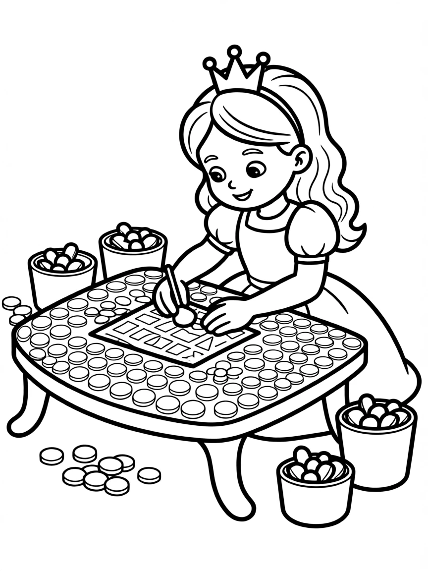 A princess creating a mosaic with colorful tiles, focused and artistic.