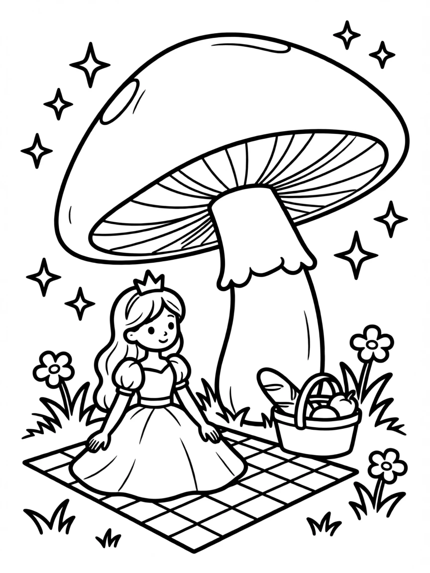 A princess having a picnic under a giant, magical mushroom.