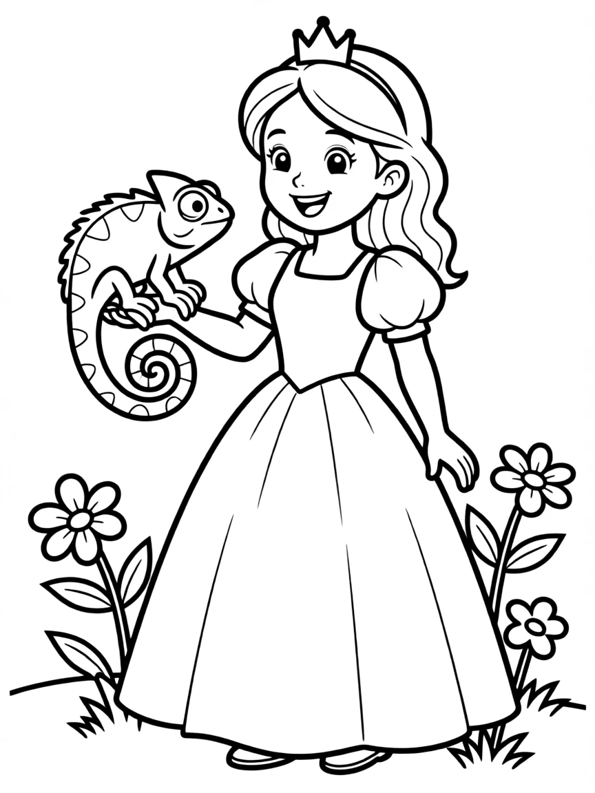 A princess with a pet chameleon, changing colors to match her dress.