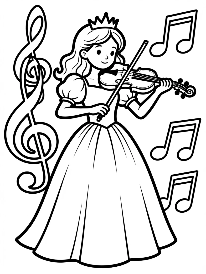 A princess playing a violin, with music notes swirling around her.
