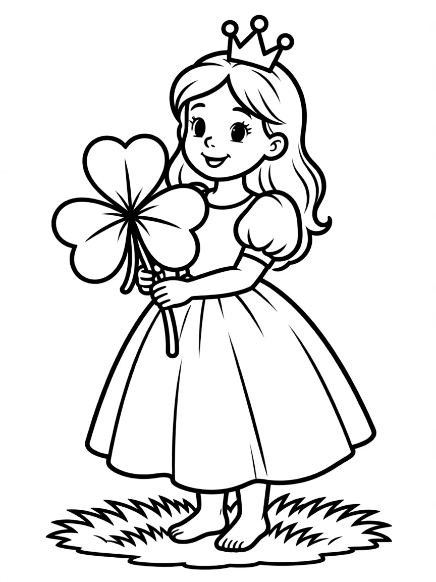 A princess making a wish on a four-leaf clover, looking hopeful.