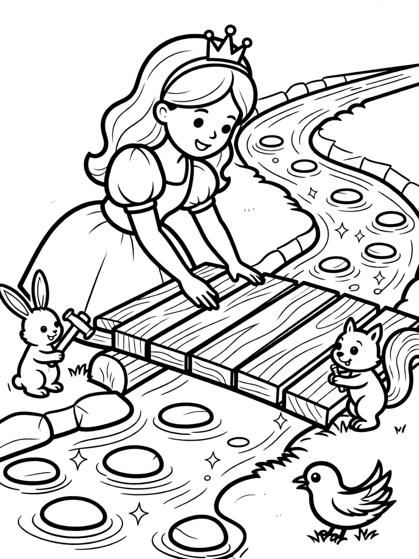 A princess building a bridge over a sparkling stream, with tiny animal helpers.