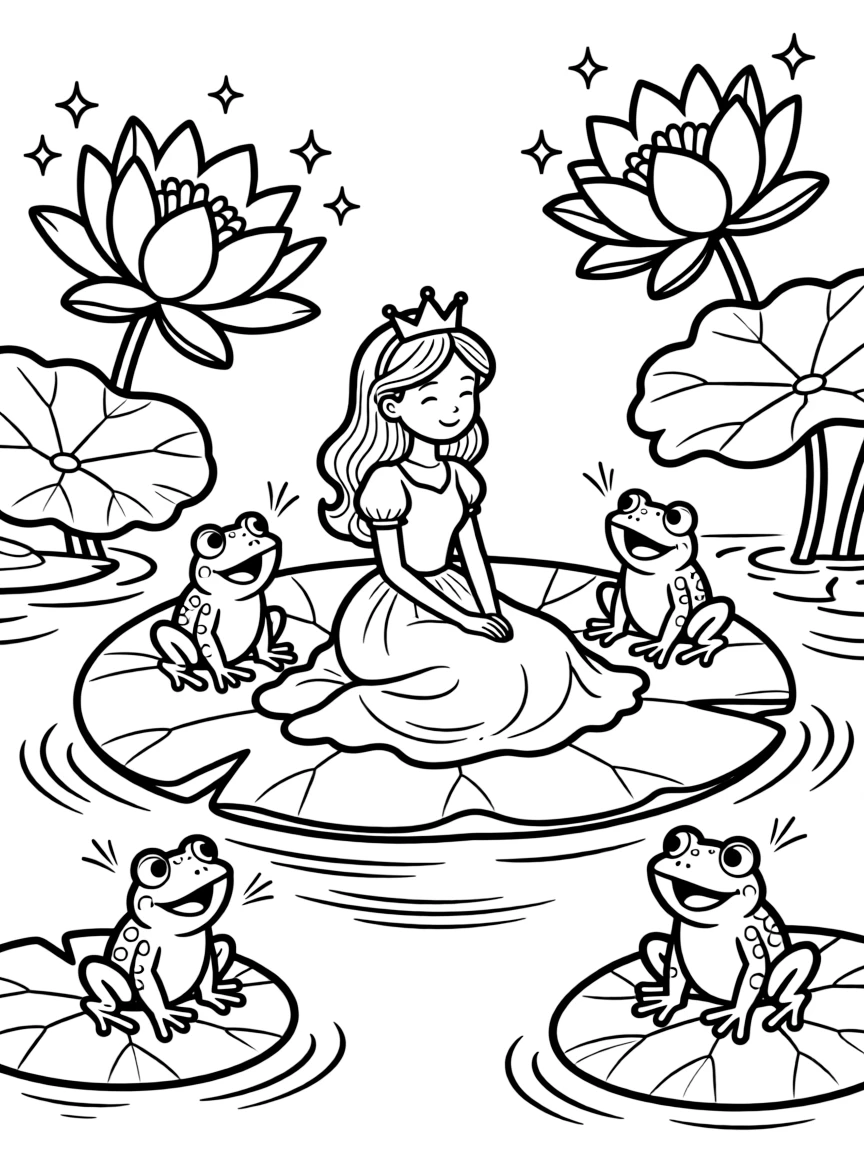 A princess on a lily pad, surrounded by singing frogs and glowing water lilies.