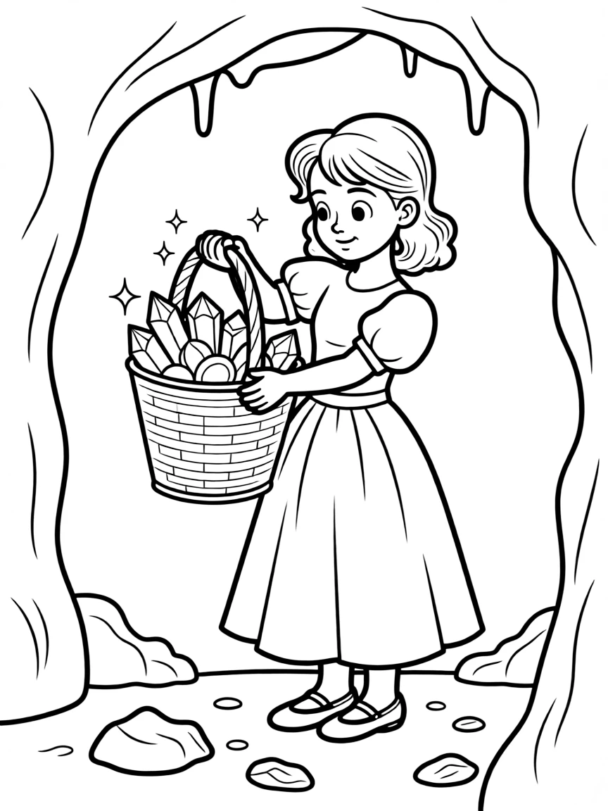 A princess with a basket of glowing crystals, exploring a dark cave.
