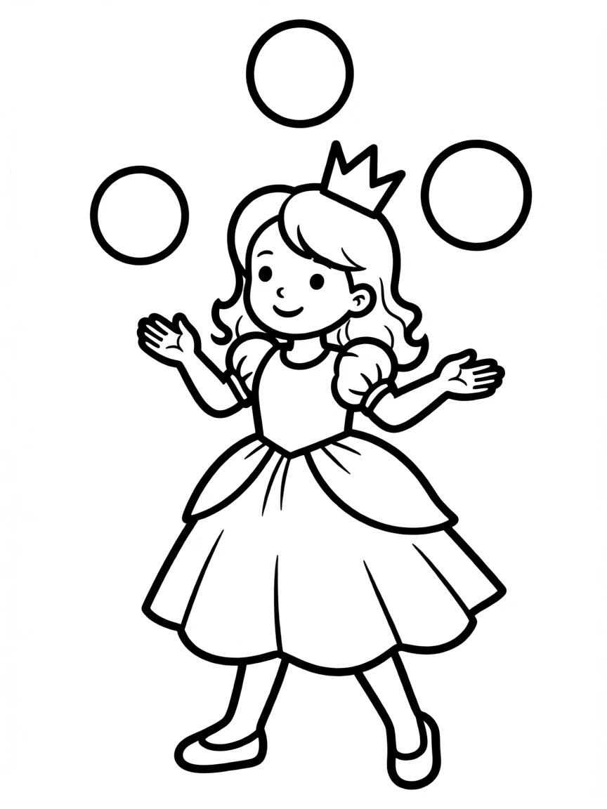 A princess learning to juggle colorful balls, looking playful.