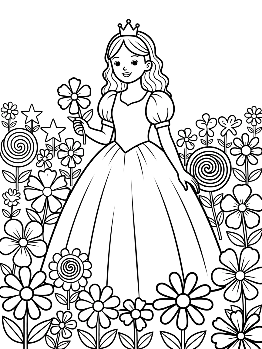 A princess in a field of whimsical flowers, each one a different shape.