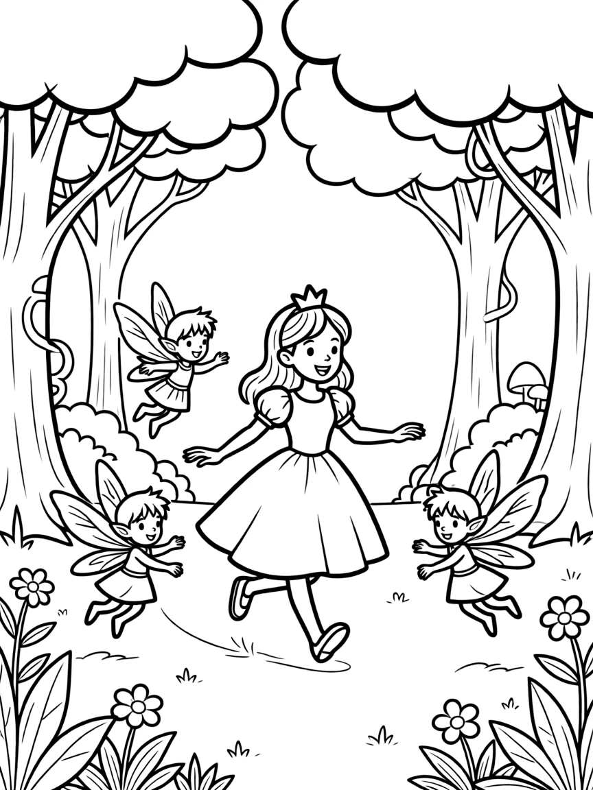 A princess playing a game of tag with friendly sprites in a magical forest.