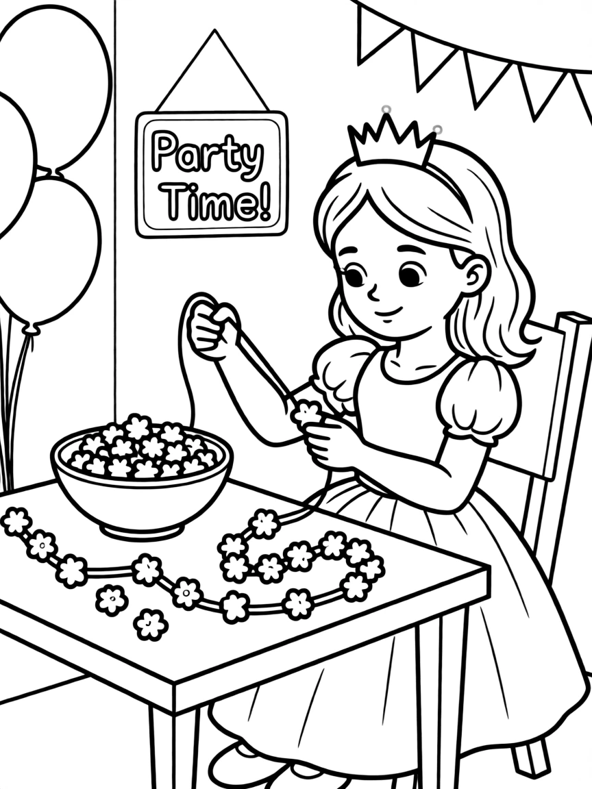 A princess making a string of popcorn garland for a party.
