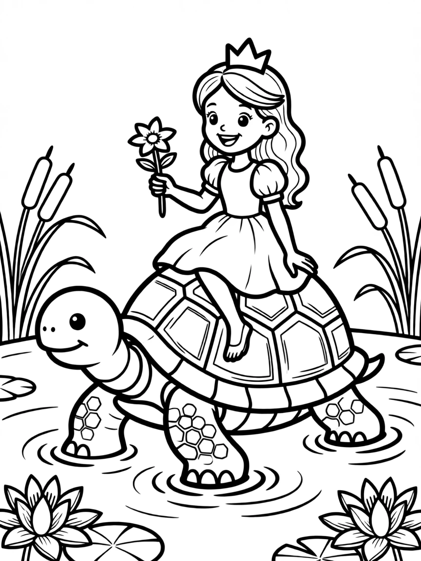 A princess riding a friendly giant tortoise across a calm lake.