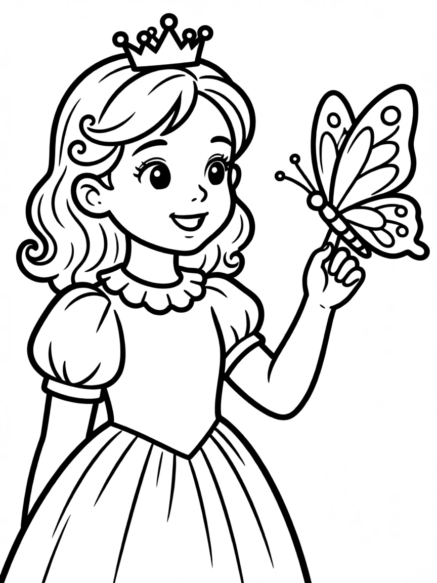 A princess with a pet butterfly, gently holding it on her finger.