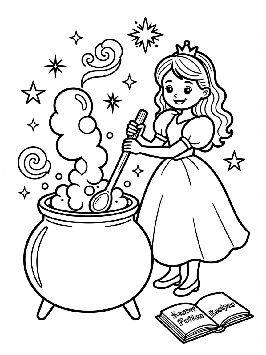 A princess making a secret potion in a bubbling cauldron, surrounded by magic.