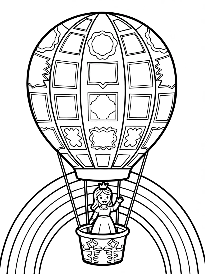A princess on a hot air balloon made of colorful patches, floating over a rainbow.