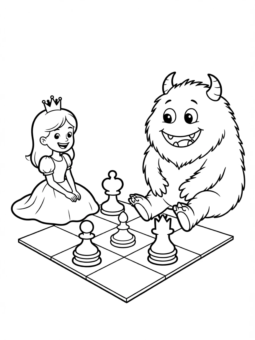 A princess playing a giant game of checkers with a friendly monster.