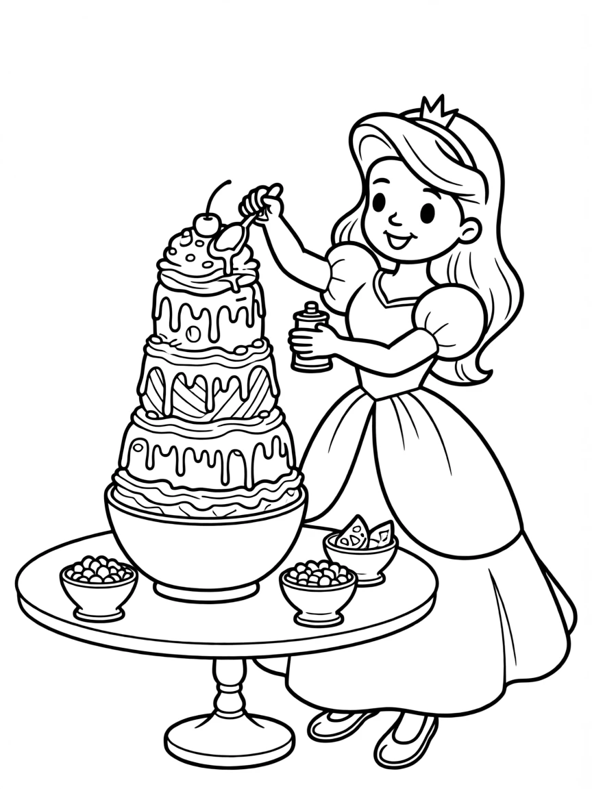 A princess making a delicious, towering sundae with lots of toppings.