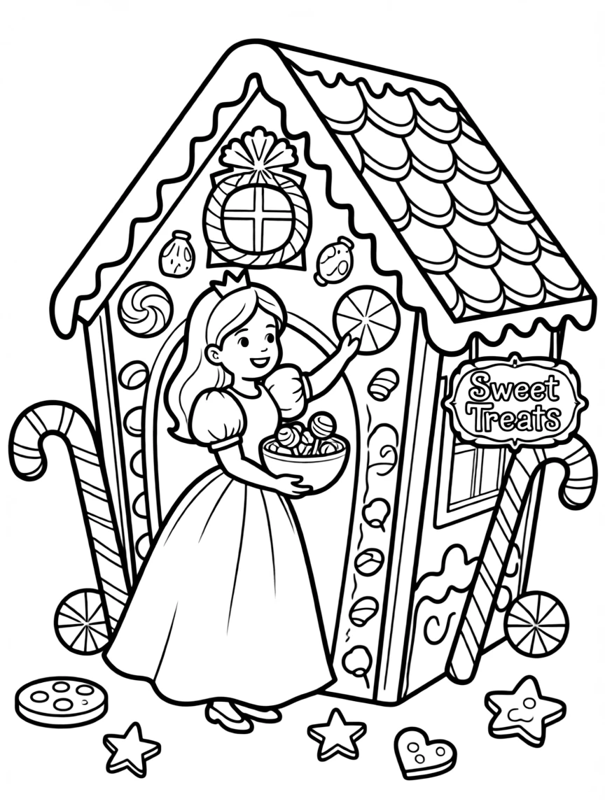 A princess in a gingerbread house, decorating it with candies.