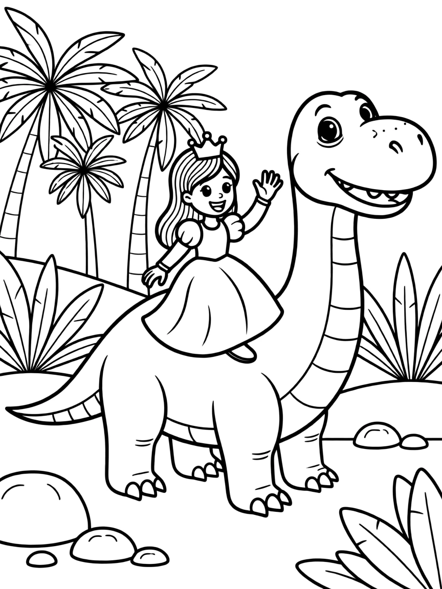 A princess riding a friendly dinosaur through a prehistoric landscape.
