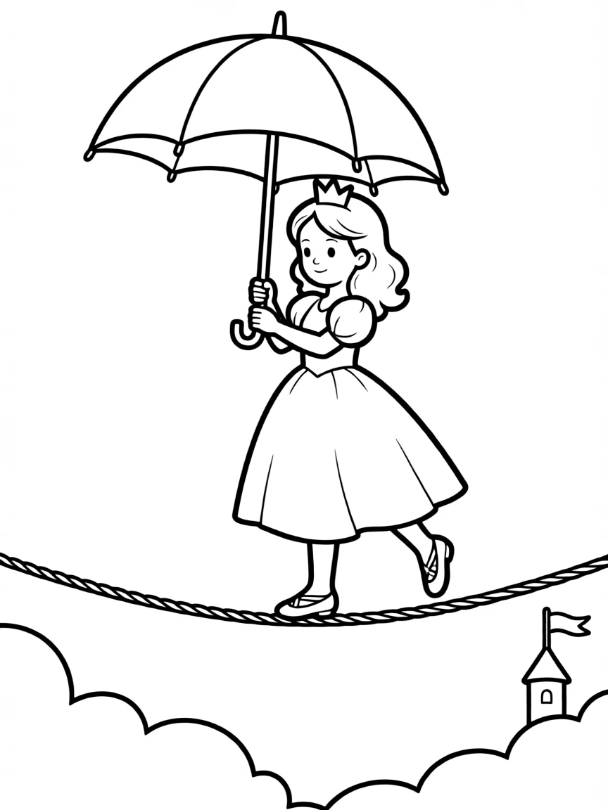A princess on a tightrope, balancing gracefully with an umbrella.