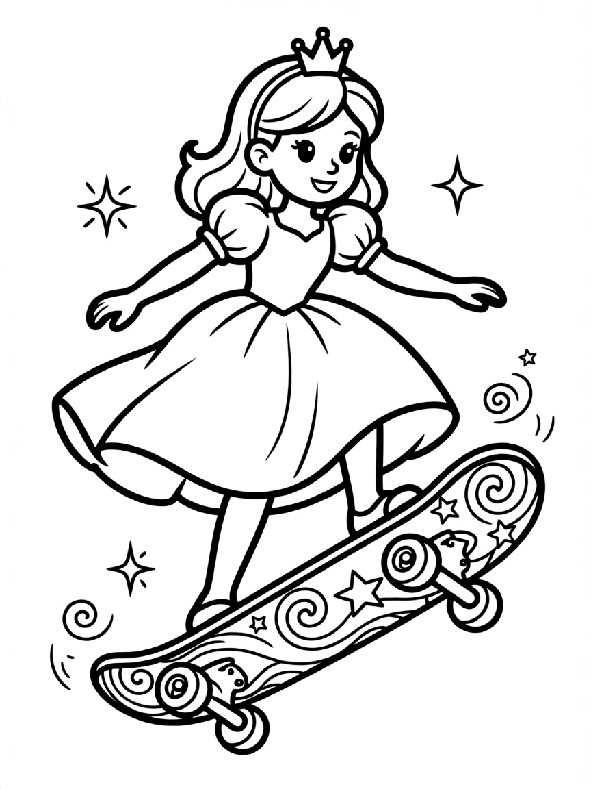 A princess riding a magical skateboard, performing tricks.