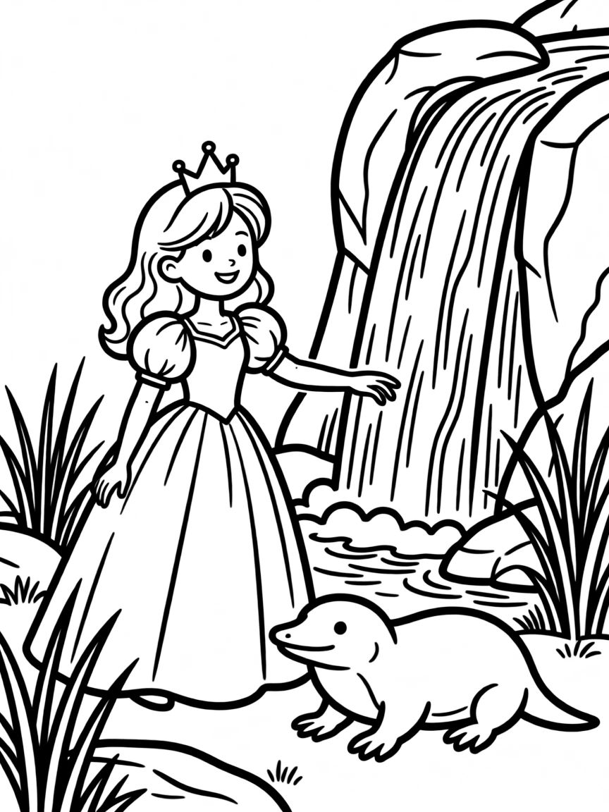 A princess with a pet platypus, playing near a waterfall.