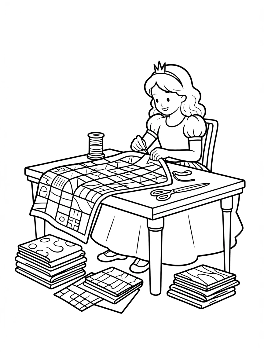 A princess making a beautiful quilt from colorful fabric scraps.