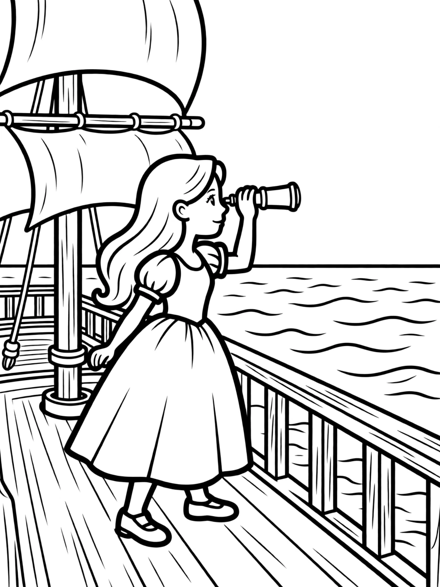 A princess on a pirate ship, looking out at the ocean with a spyglass.