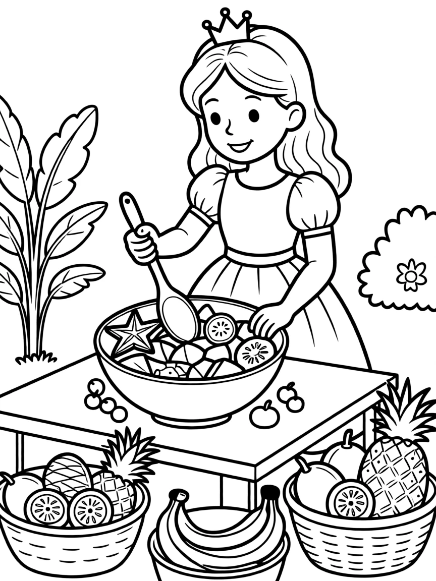 A princess making a fruit salad with exotic fruits from her garden.