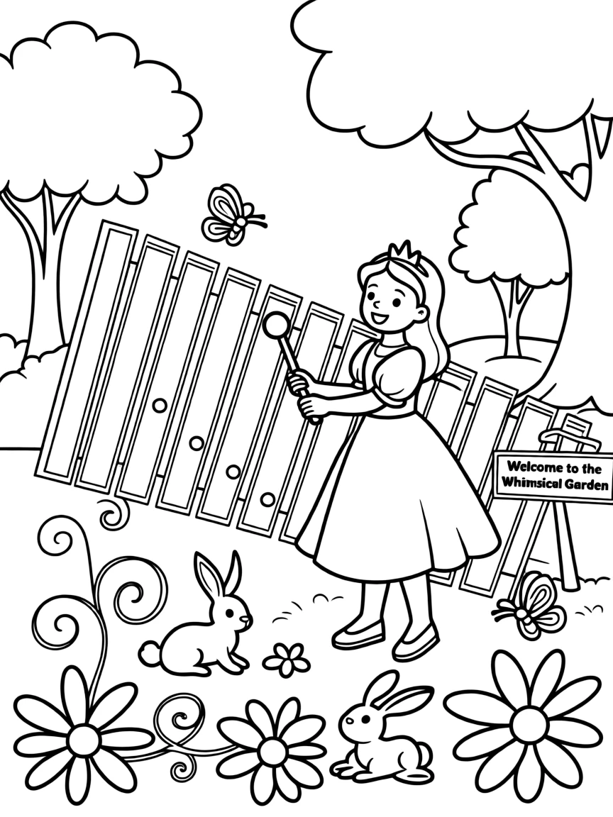 A princess playing a giant xylophone in a whimsical garden.