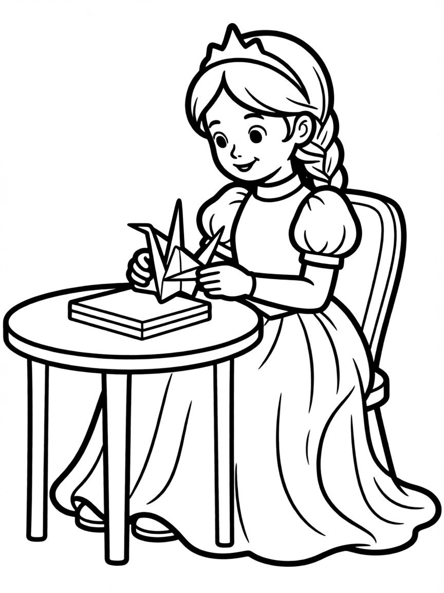 A princess making a paper crane, folding it carefully.