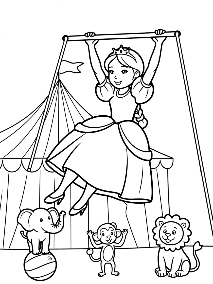 A princess on a trapeze, swinging through the air at a circus.