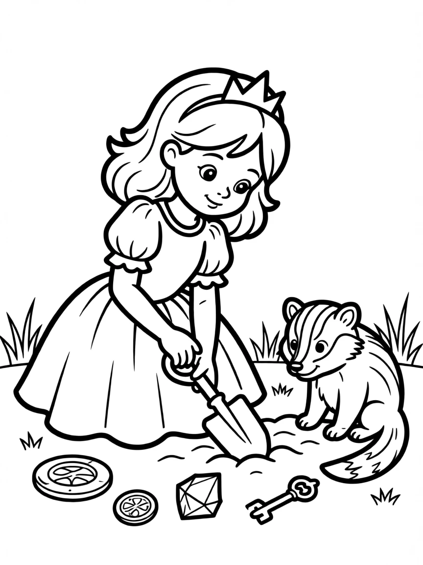 A princess with a pet badger, digging for treasures.