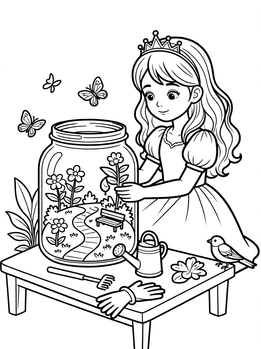 A princess making a miniature garden inside a glass jar.