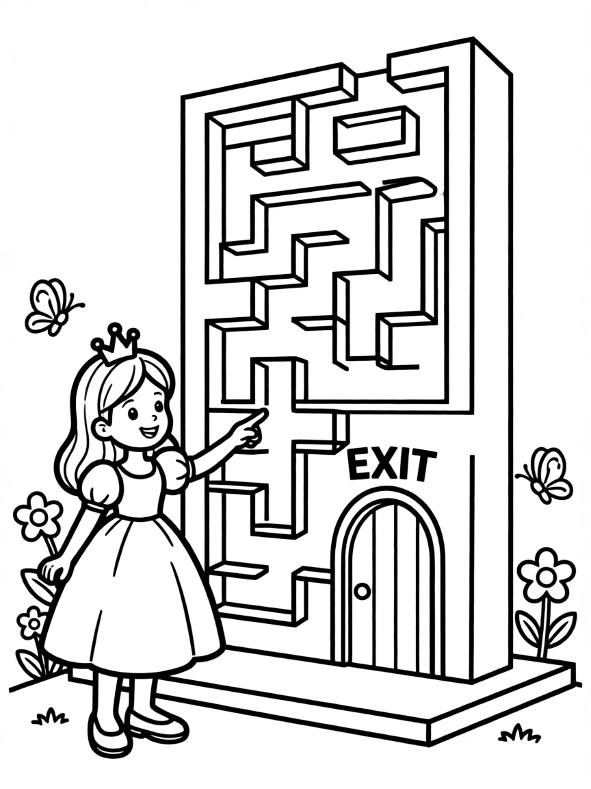 A princess playing a giant maze game, looking for the exit.