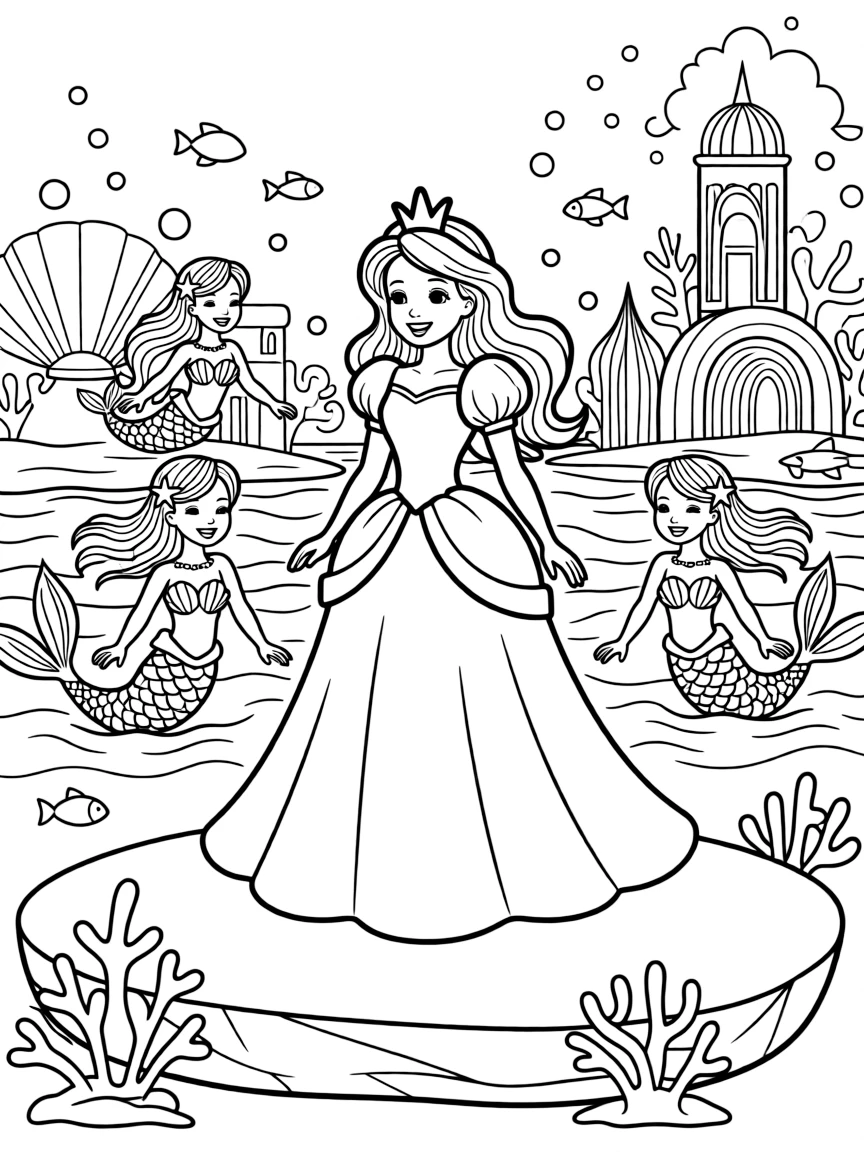 A princess in a fantastical underwater city, surrounded by mermaids.
