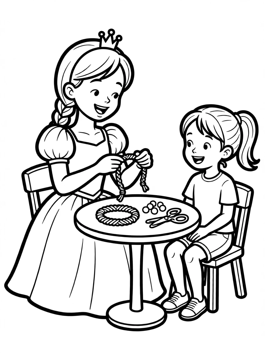 A princess making a friendship bracelet for her best friend.