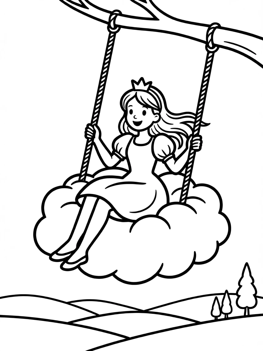 A princess on a cloud swing, floating high above the land.