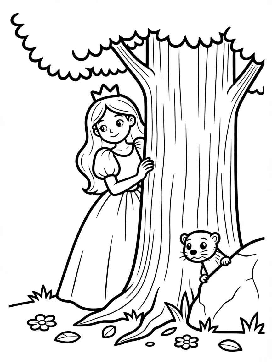 A princess with a pet ferret, playing hide-and-seek.