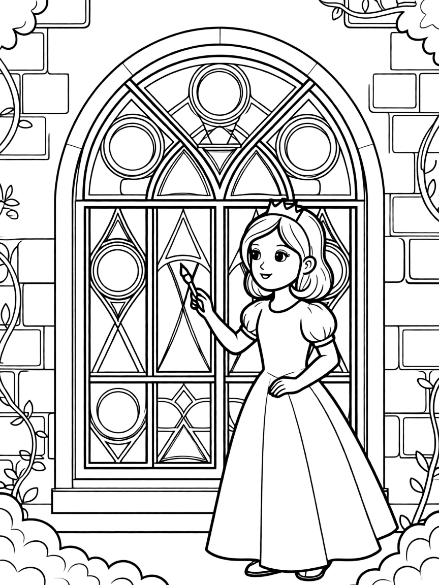 A princess making a colorful stained-glass window.
