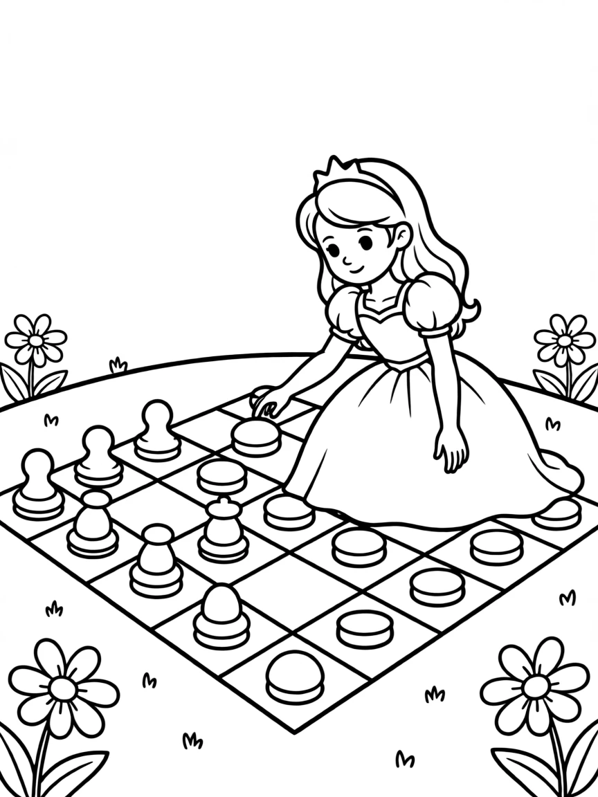 A princess playing a game of giant checkers on a checkered lawn.