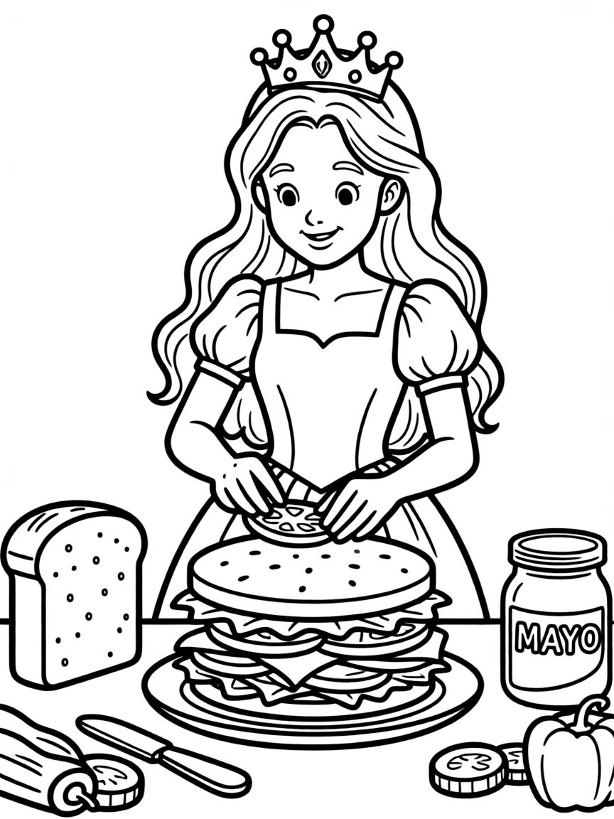 A princess making a delicious, multi-layered sandwich.