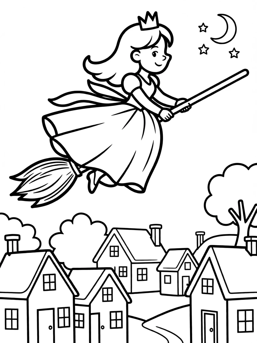 A princess on a magic broomstick, flying over a sleepy town.