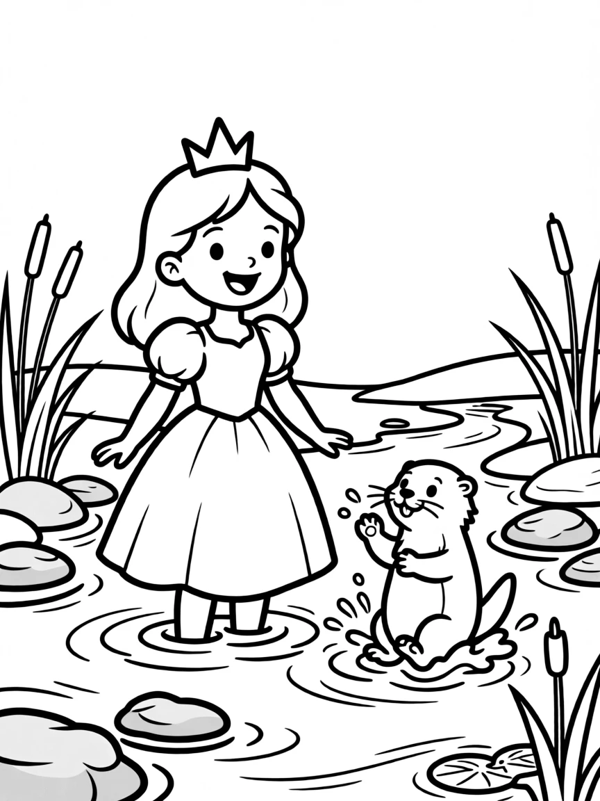 A princess with a pet otter, playing in a clear river.
