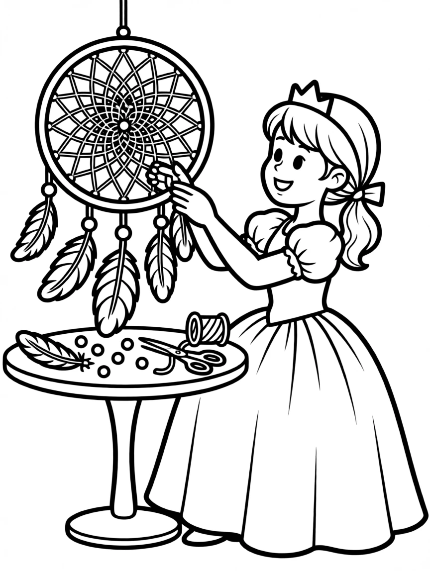 A princess making a beautiful dreamcatcher with feathers and beads.