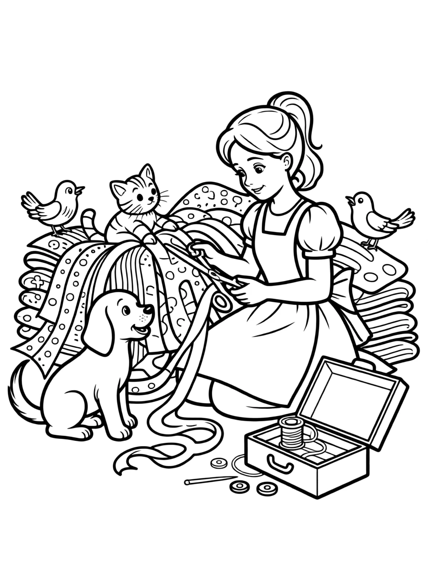 Cinderella and her animal friends, surrounded by a pile of colorful ribbons and fabrics, making a new dress for the ball.
