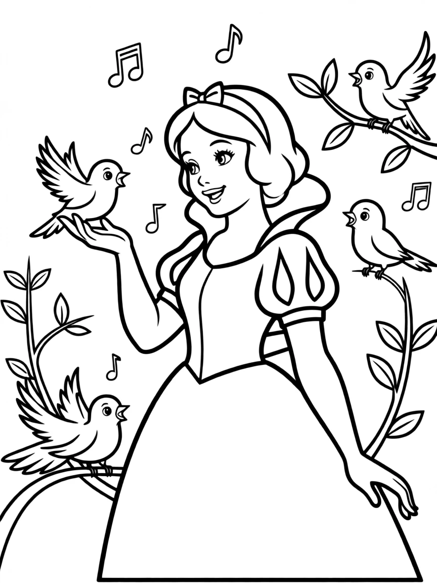 Snow White teaching the little birds how to sing, with musical notes floating around her.