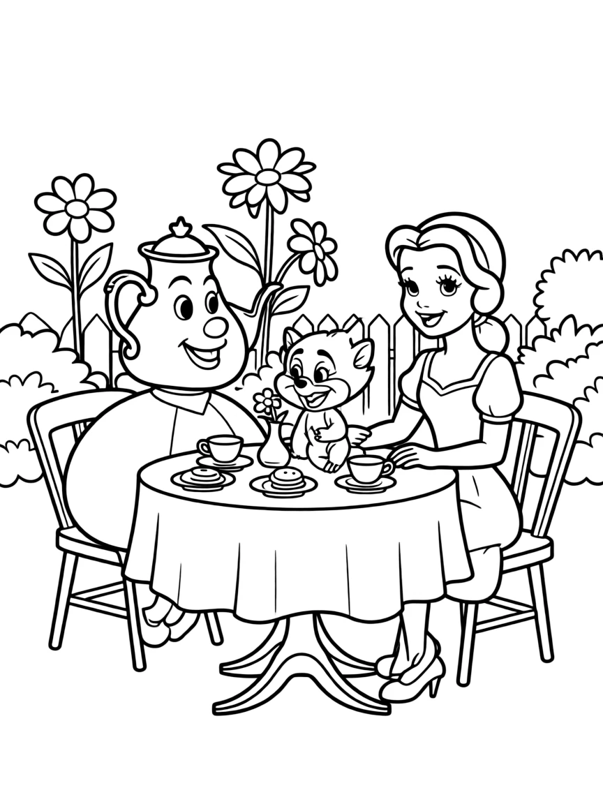 Belle and Chip having a tea party in the garden, with Mrs. Potts watching fondly.