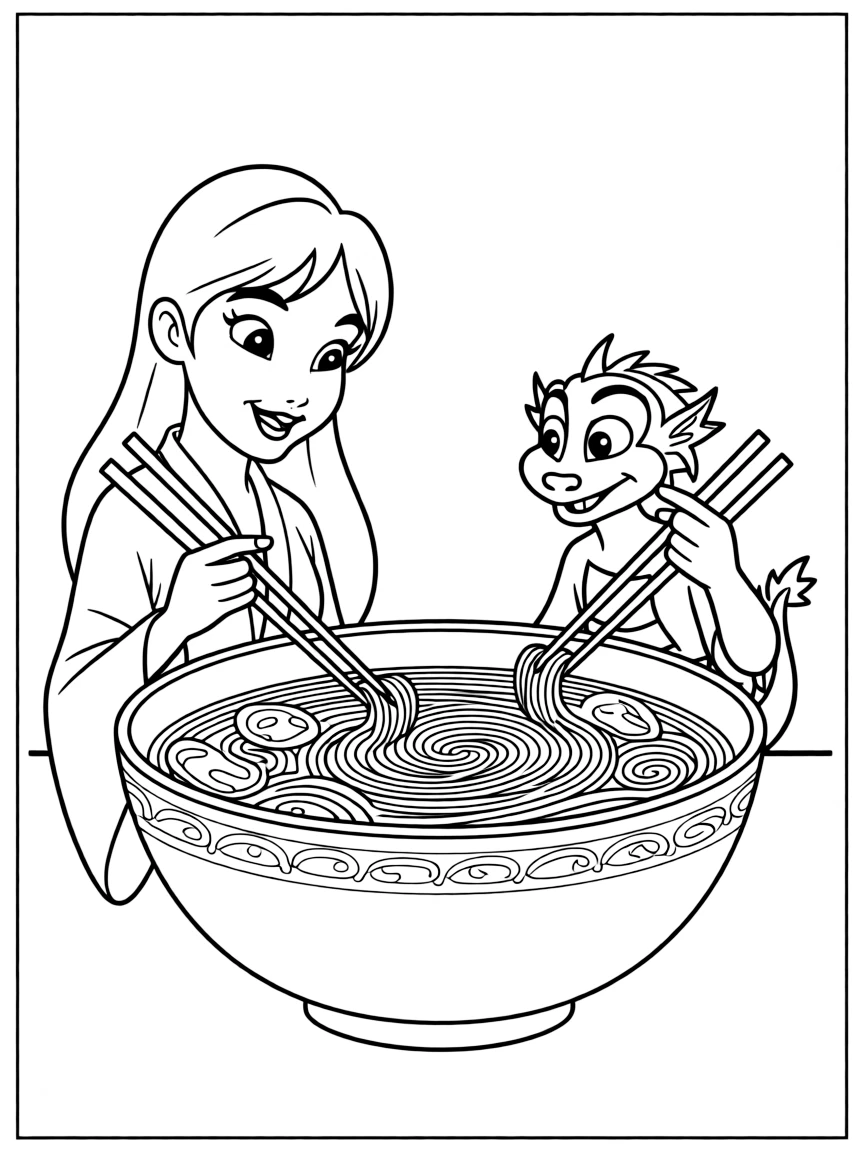 Mulan and Mushu sharing a bowl of noodles, looking mischievous.