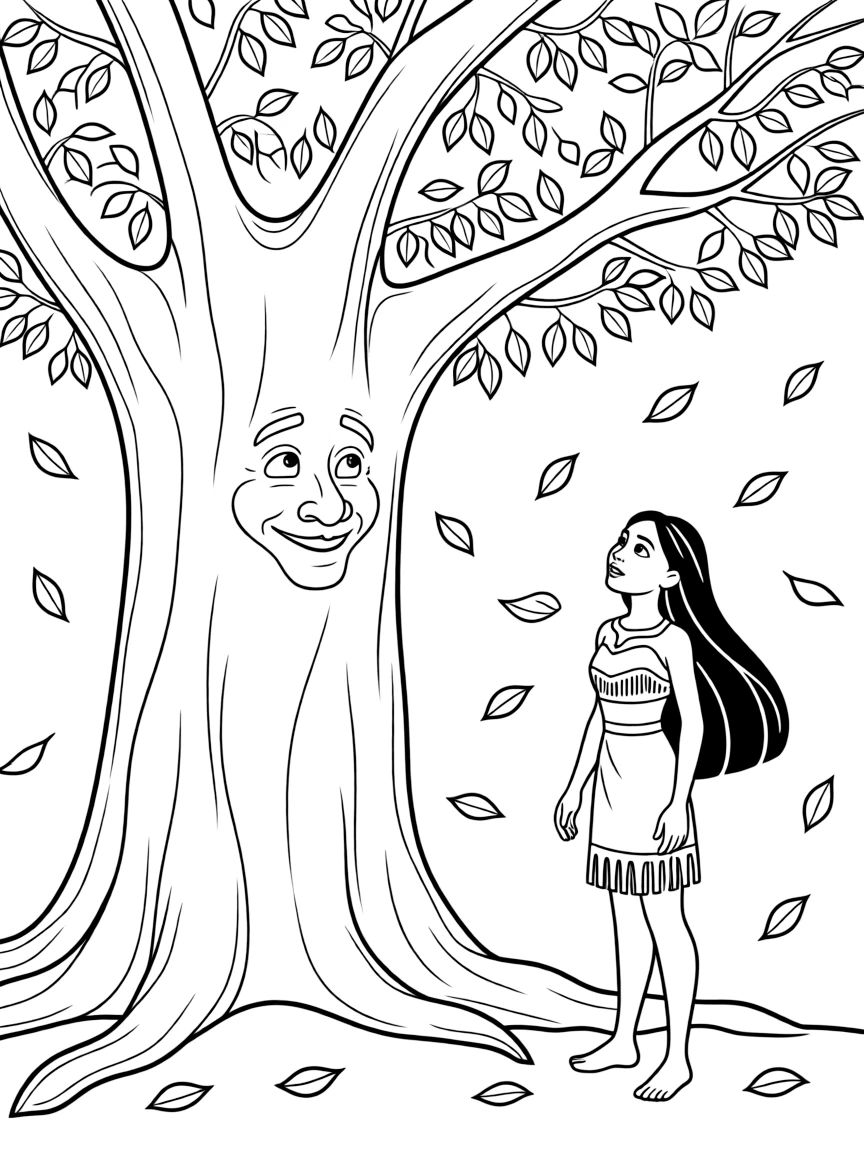 Pocahontas listening to the wisdom of Grandmother Willow, with colorful leaves falling.