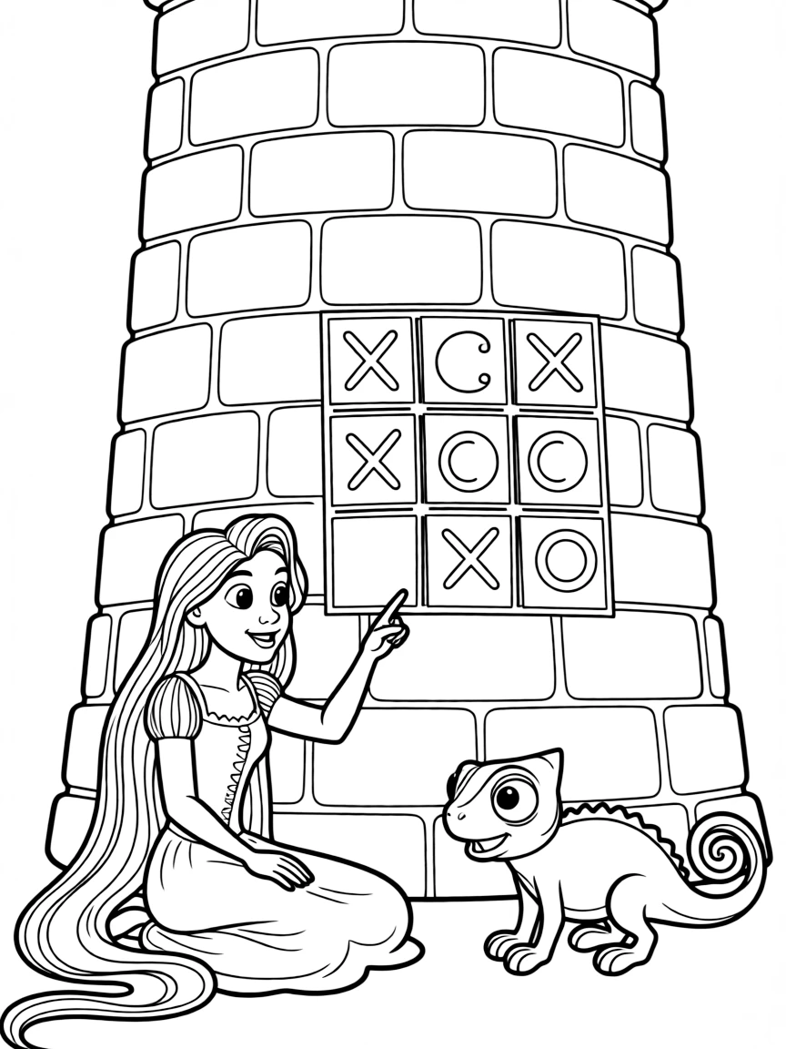 Rapunzel teaching Pascal how to play tic-tac-toe on the tower wall.
